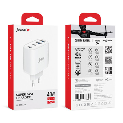 Kućište punjača Superior SU-4001AACC 40W 3A GaN Fast PD + USB belo