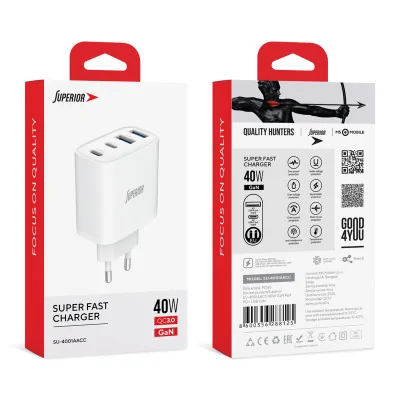 Kućište punjača Superior SU-4001AACC 40W 3A GaN Fast PD + USB belo
