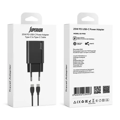 Kućni punjač Superior SU-P103 Super Fast PD 25W 3A Type C na Type C crni (CERT)