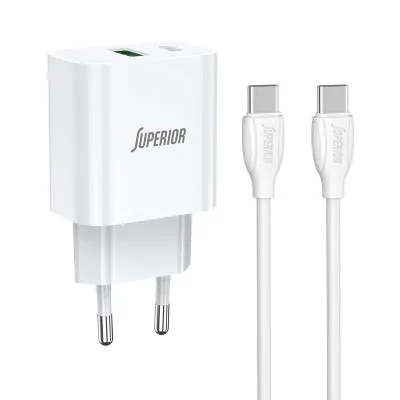 Kućni punjač Superior SU-P102 20W Super Fast USB A QC3.0+Type C sa Type C na Type C kablom