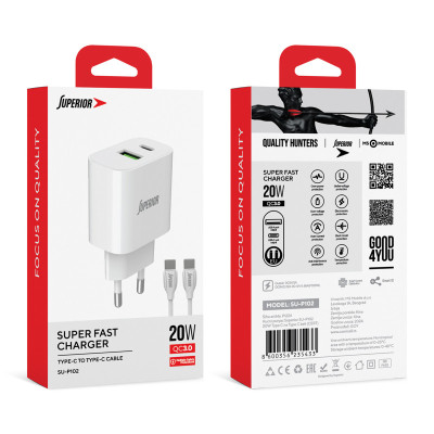 Kućni punjač Superior SU-P102 20W Super Fast USB A QC3.0+Type C sa Type C na Type C kablom