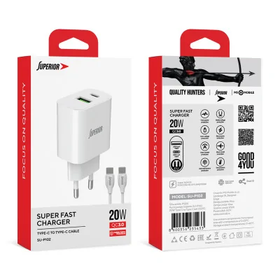 Kućni punjač Superior SU-P102 20W Super Fast USB A QC3.0+Type C sa Type C na Type C kablom