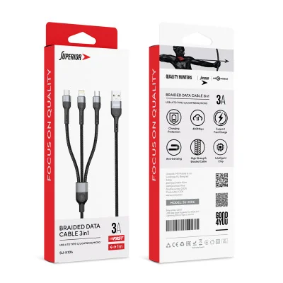 USB data kabal Superior SU-K106 3in1 Lightning/Micro/Type C 1m crni